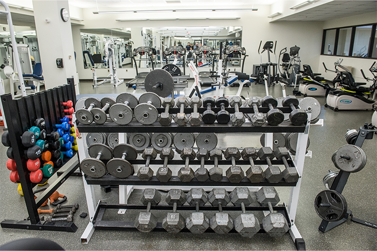 View of the ProMotion Fitness Center which includes various state-of-the-art exercise machines and racks of free weights.