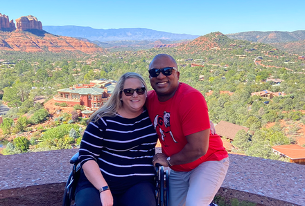 Stephanie and Greg in Sedona, Arizona.  Taking a wheelchair allowed Stephanie to participate fully in exploring the area.