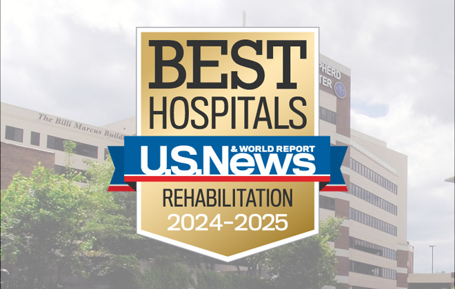 U.S. News & World Report Rehabilitation 2024-2025 logo on a transparent background of Shepherd Center campus.