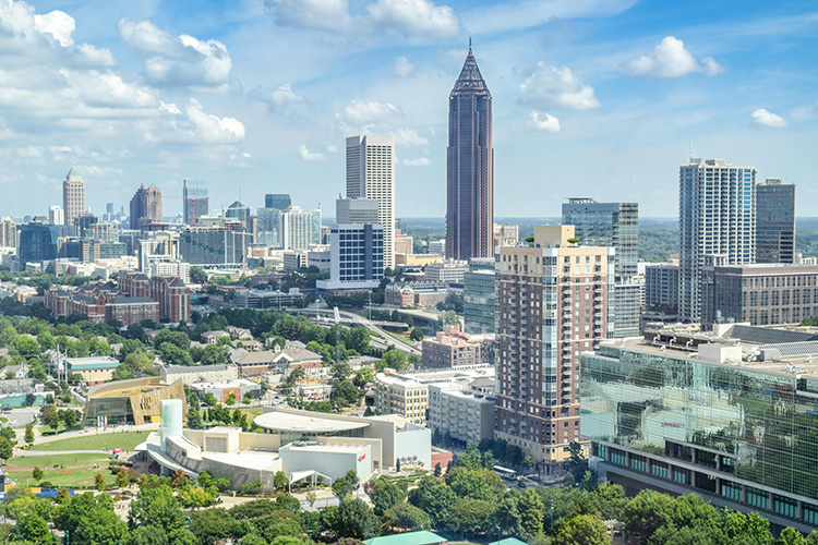 An aerial view of the Atlanta skyline.