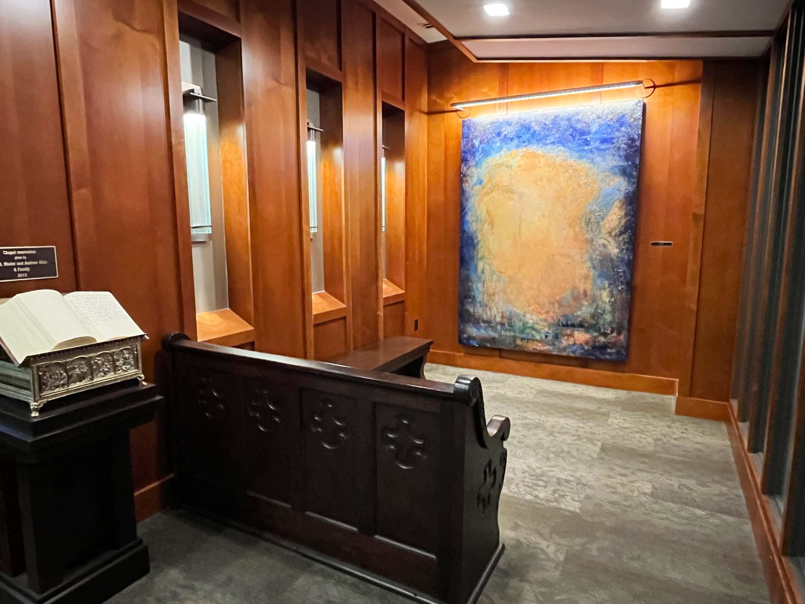 Colorful artwork, donated by professional artist and former Shepherd patient Gail Foster, serves as a symbol of hope and resilience at the front of the chapel.