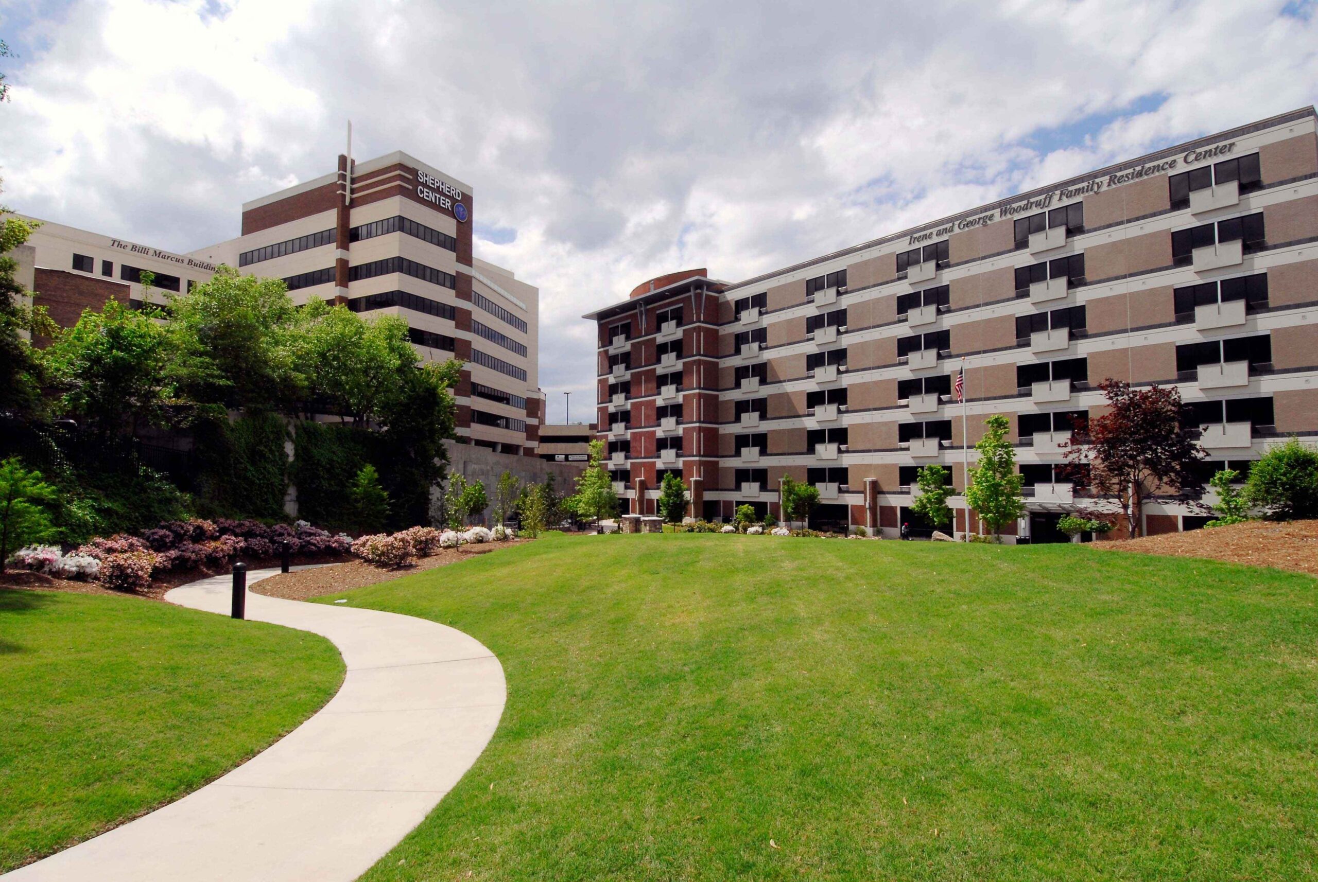 Outside view of the Irene and George Woodruff Family Residence Center, sitting adjacent to Shepherd Center.