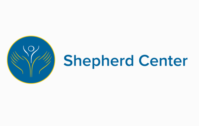 Logo of Shepherd Center featuring a blue circle with stylized hands and a abstract person figure inside. The words 