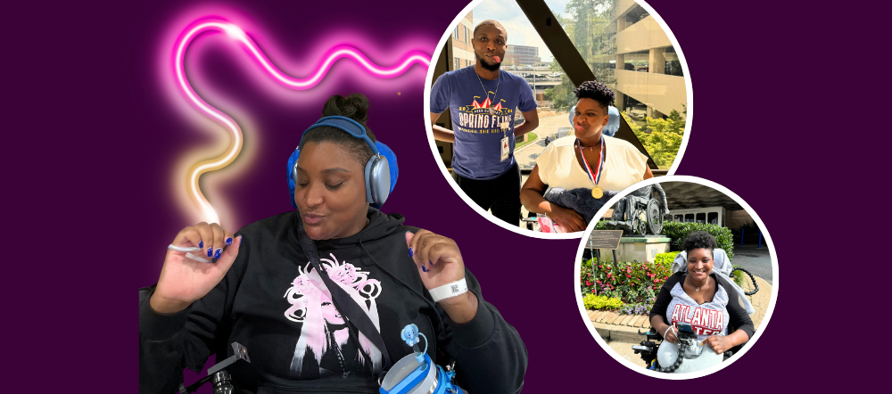 A woman in a wheelchair with headphones enjoys music, radiating hope. Two inset circles show her with a medal and a peer support mentor, and posing outside Shepherd Center. Neon lines arc over the dark purple background.