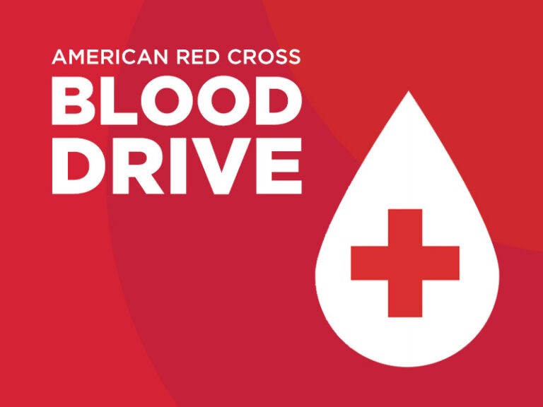 Red graphic with white text saying "American Red Cross Blood Drive." Features a large white blood drop icon with a red cross inside it on the right side. The background has varying shades of red.