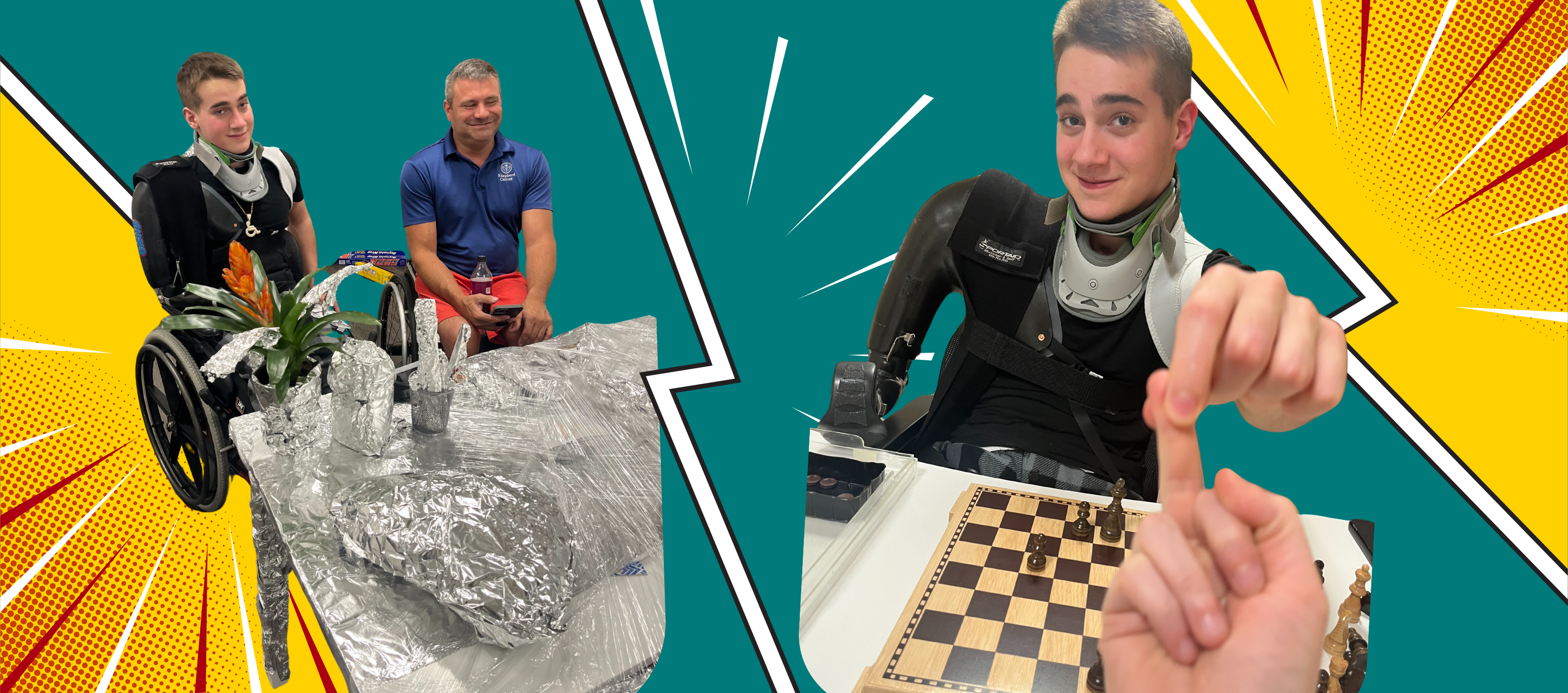 Two images: one shows Jake with a man beside him, a foil-covered table in front. The other shows the same young man holding a chess piece. Background features a dynamic, comic-style design.