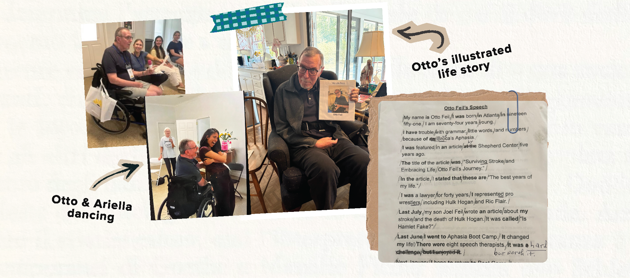 A collage shows a man in his 70s using a wheelchair, a woman dancing beside him, the man holding a book, and a close-up of his life story titled 