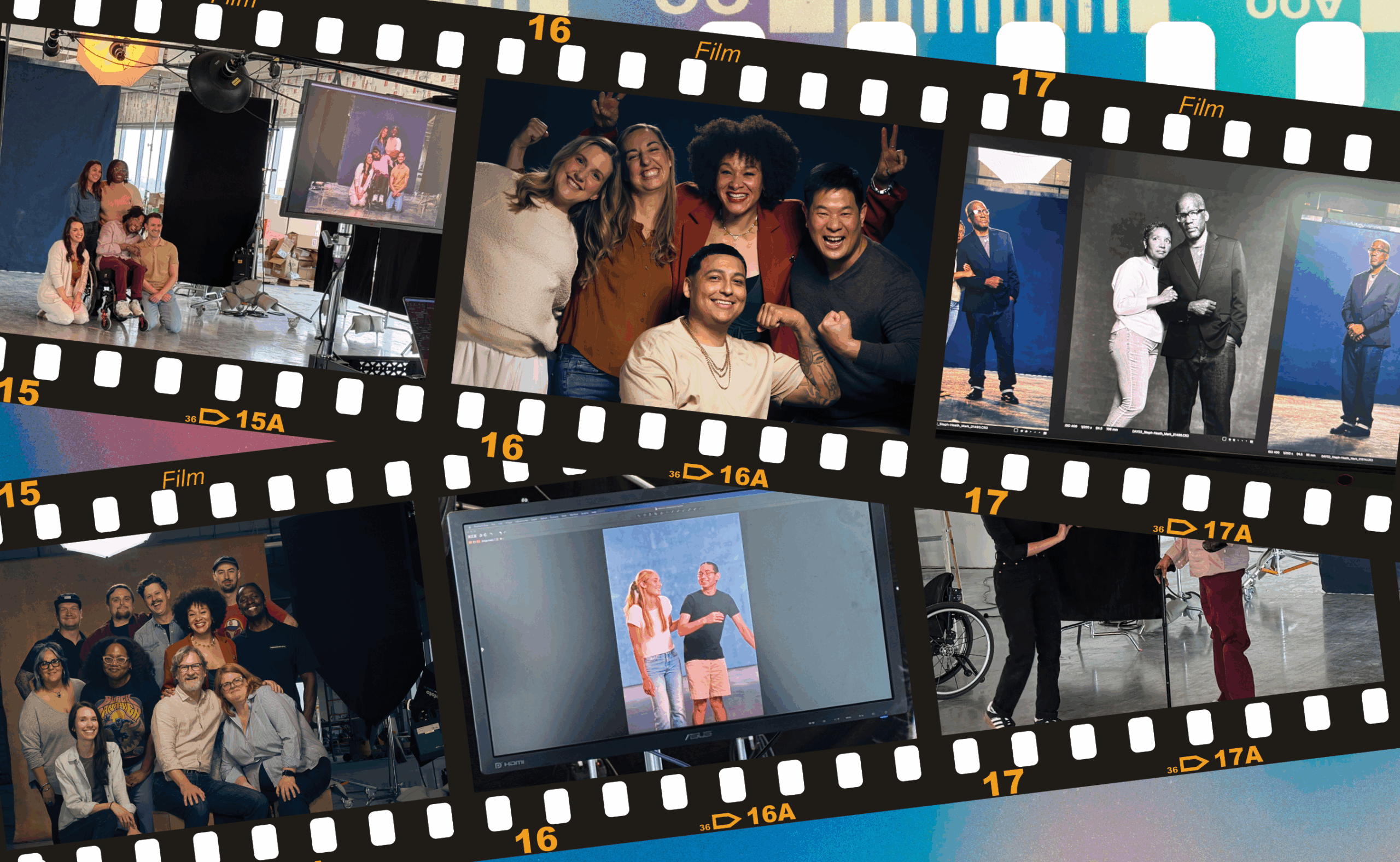 A collage styled like film strips shows diverse groups and pairs of people posing and smiling in professional photo shoot settings, with some images displayed on computer monitors.