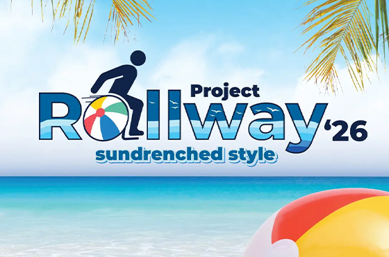A tropical beach scene with palm leaves, clear blue sky, and ocean. The text reads "Project Rollway '26 sundrenched style" with a stylized figure on a beach ball and another beach ball in the foreground.
