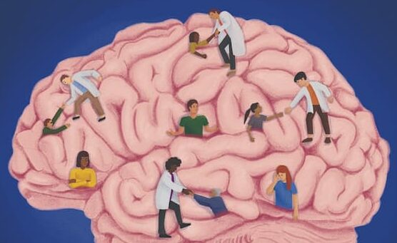 Illustration of a human brain with diverse people, including doctors and children, interacting on its surface, symbolizing mental health care and support. The background is blue.