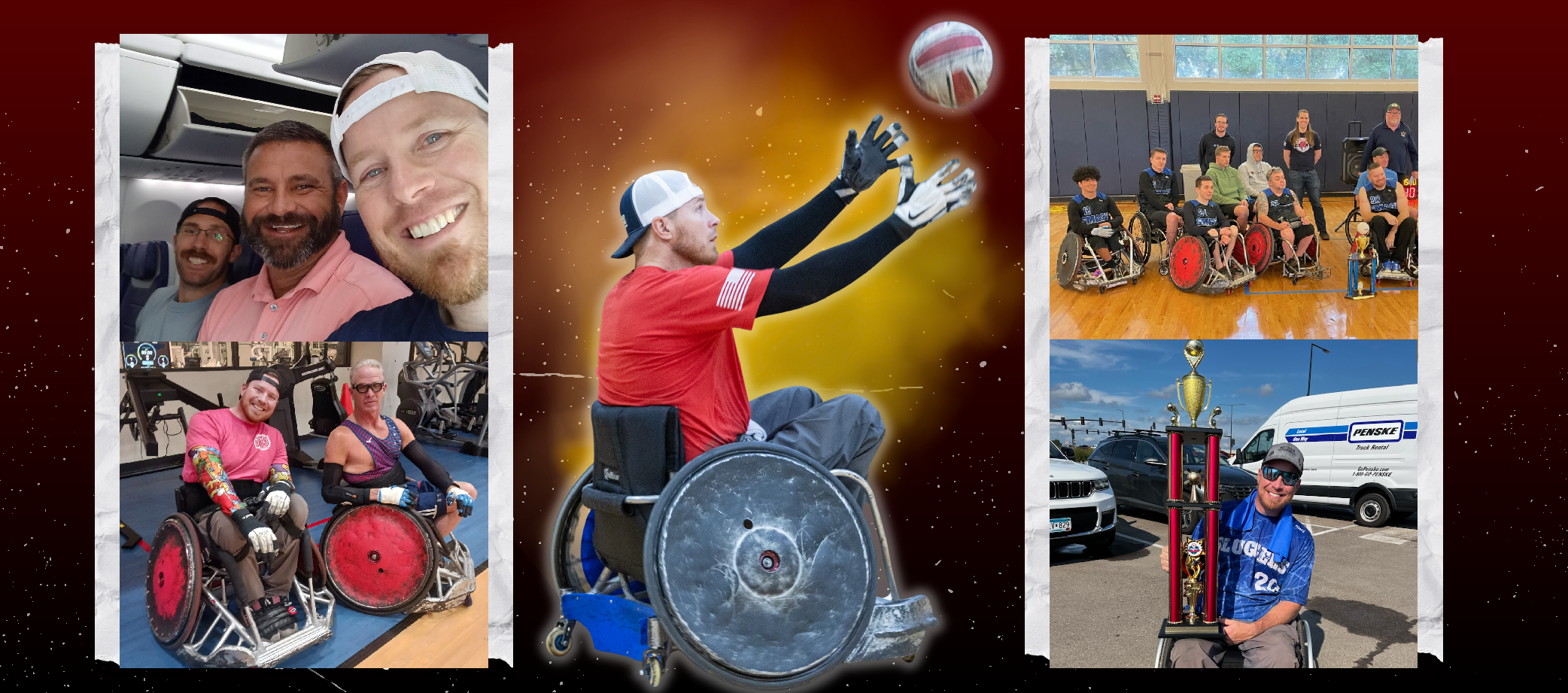 A collage of Travis playing adaptive sports, holding a trophy, group photos with others in wheelchairs, and selfies with friends, celebrating achievements and sportsmanship.