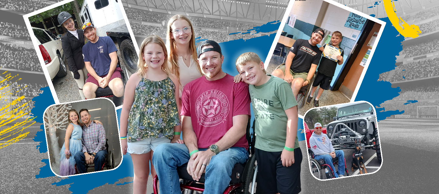 A collage of photos featuring Travis with his children: him and his older daughter at a horse racing event; him and his son at school; him and his younger daughter at a school dance; and him and his doberman in front of his lifted jeep. Yellow and blue graphic elements decorate the image.