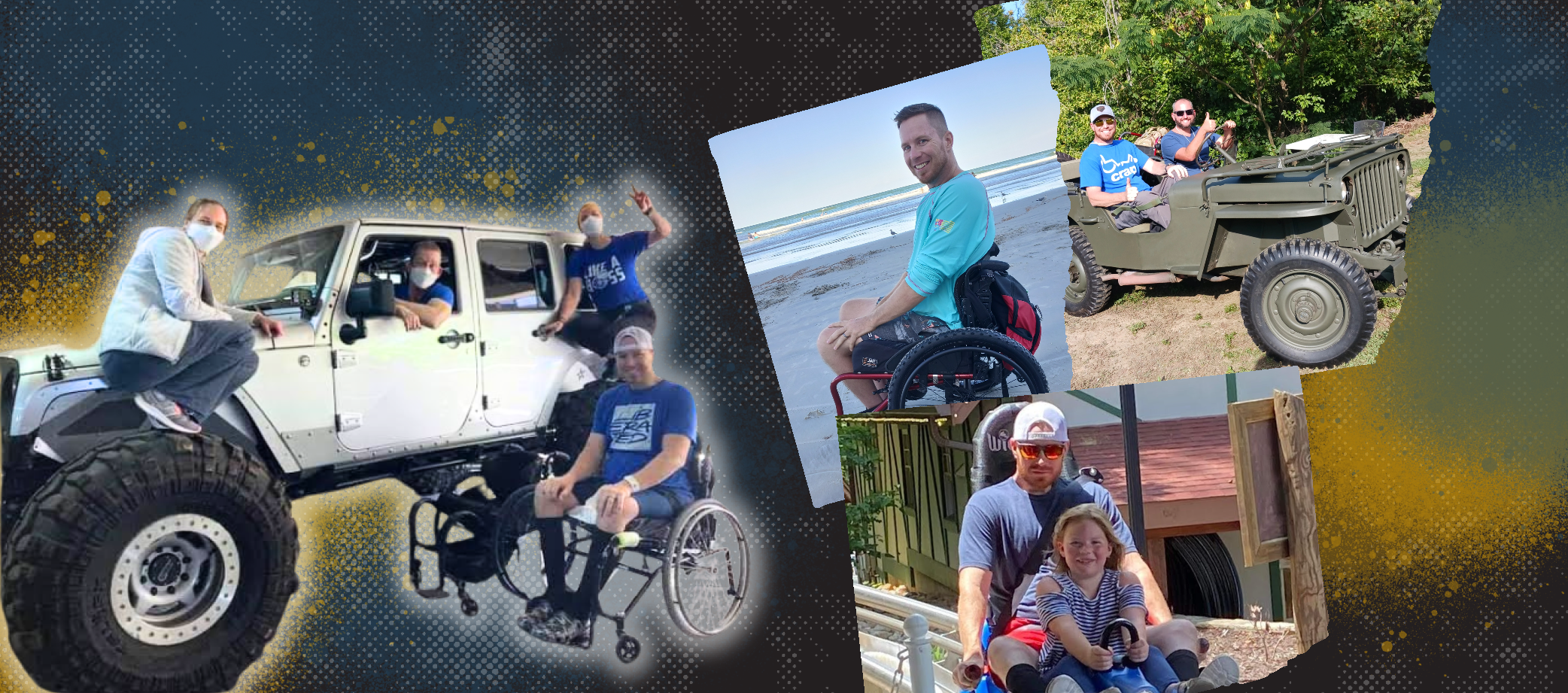 A montage shows Travis in his wheelchair enjoying outdoor activities: posing by a white off-road Jeep, on a beach, driving an open-top vehicle, and giving a child a ride on a ride outdoors.